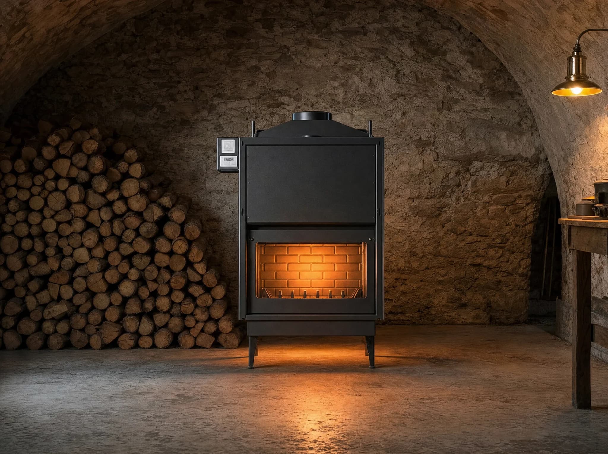Kalorino KS Bois houtketel in een Ardense kelder met houtvoorraad
